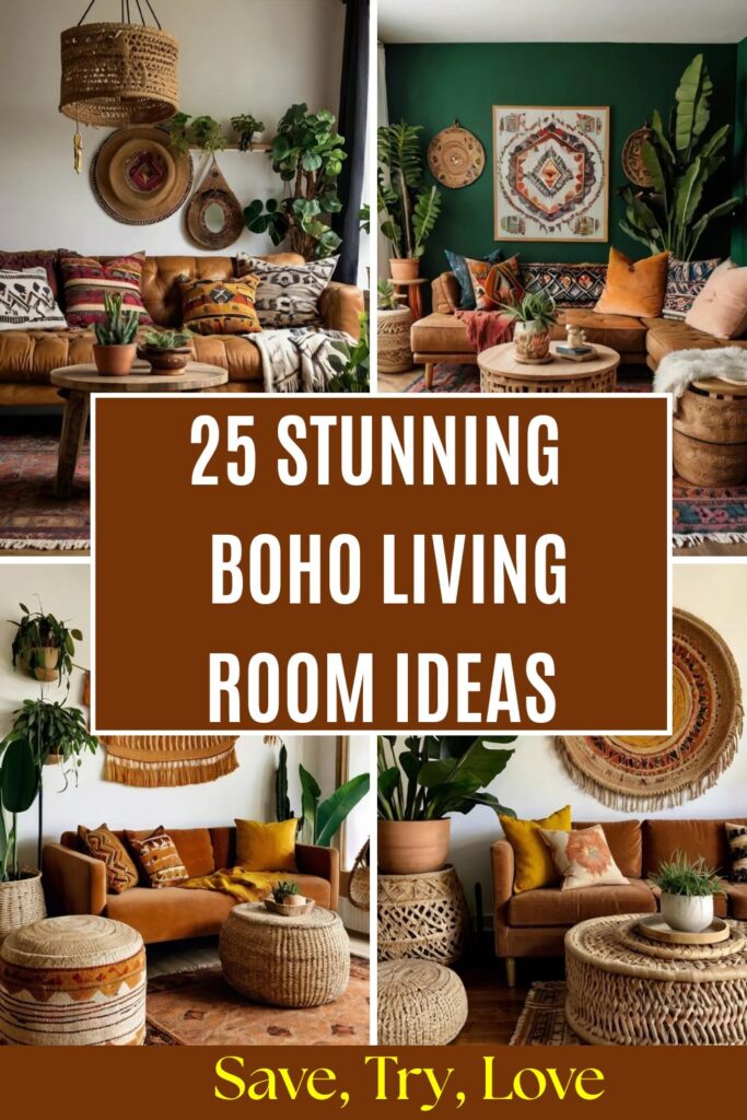 Cozy boho living room with colorful rugs, rattan chairs, plants, and layered textures