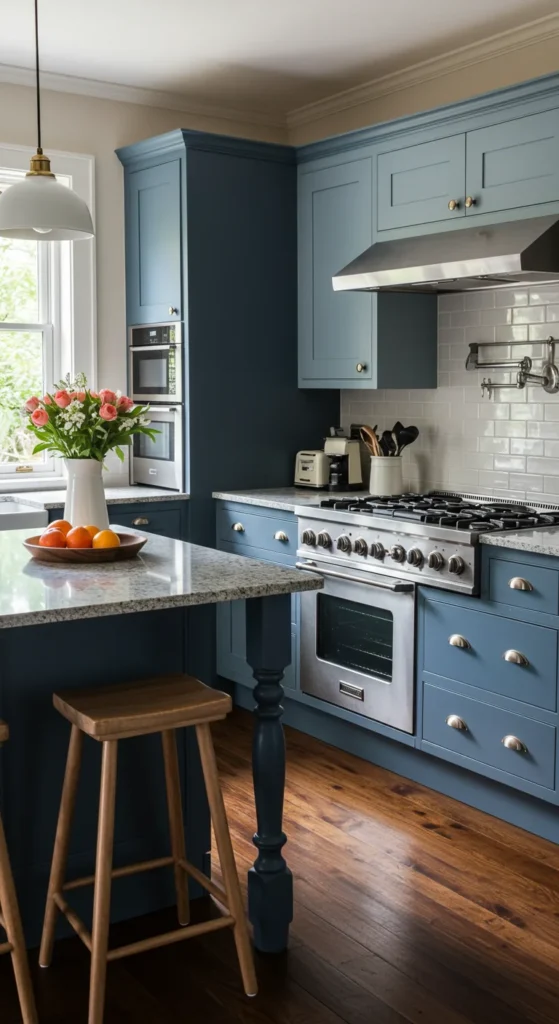 Navy blue kitchen cabinets paired with white marble countertops, gold hardware, and pendant lights in a stylish modern space.