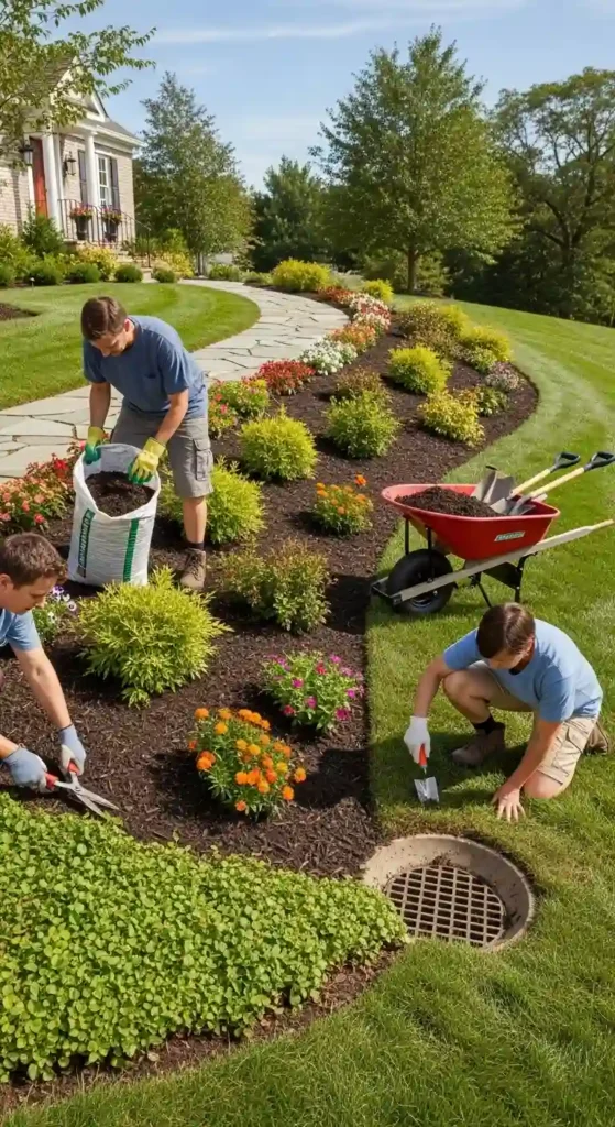 Sloped front yard landscaping maintenance with mulch and plant care.